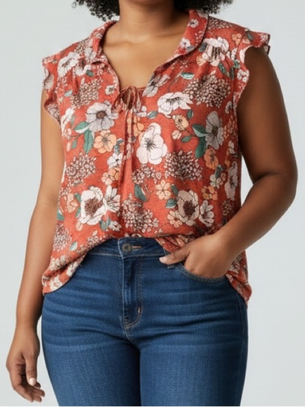 Lucky Brand XL Terracotta Multicolor Floral Tie  Ruffle Neckline & Sleeves Top